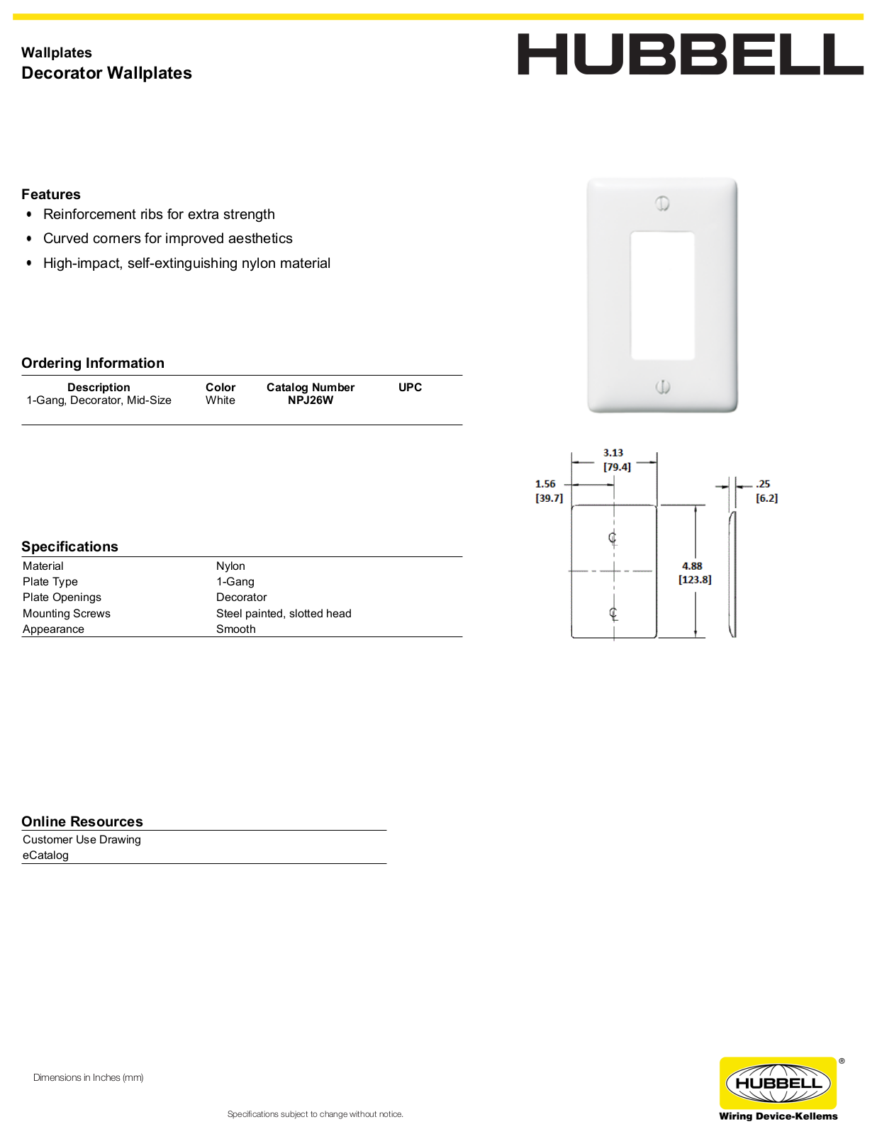 Hubbell NPJ26W Specifications