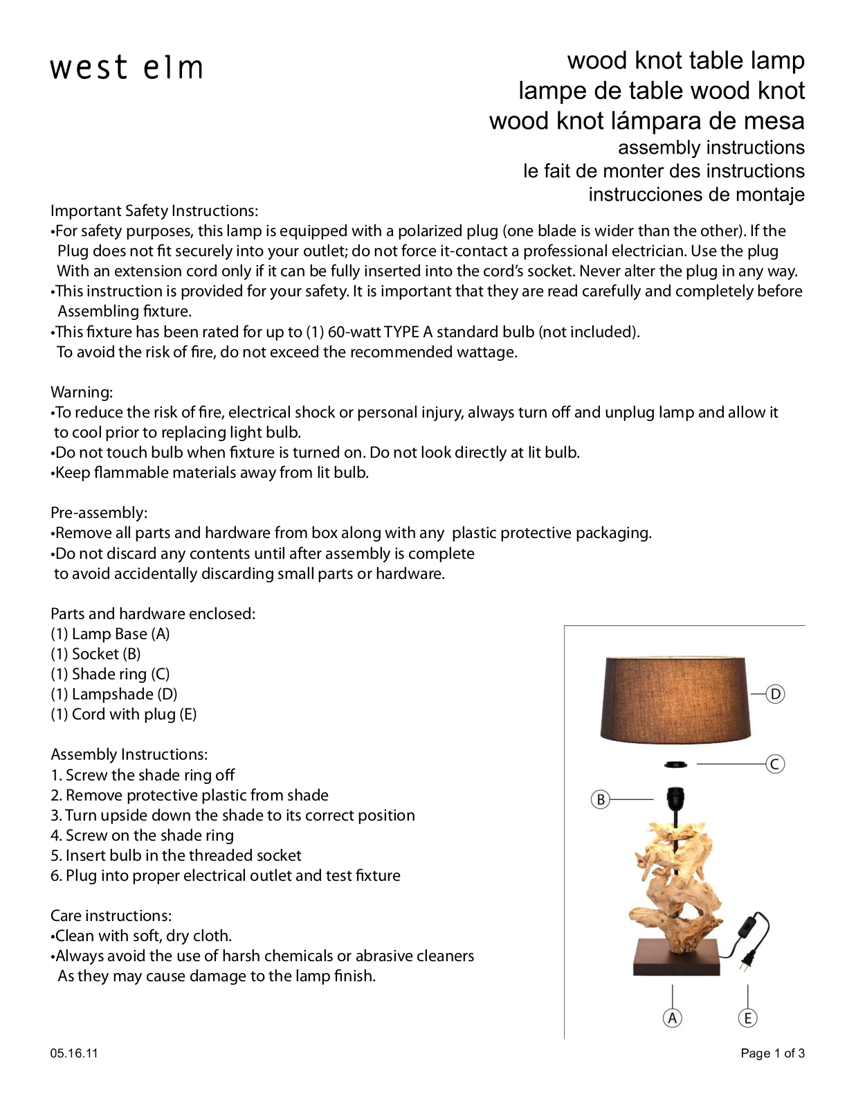 West Elm Wood Knot Table Lamp Assembly Instruction