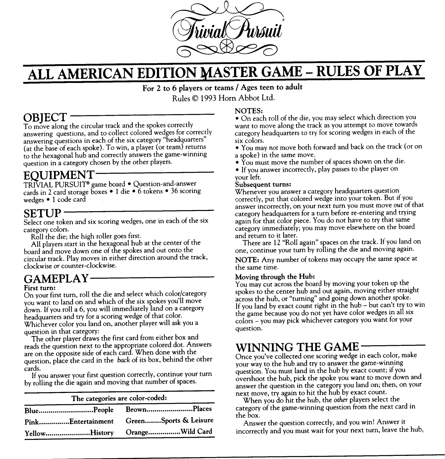 HASBRO Trivial Pursuit All American Edition Master Game User Manual