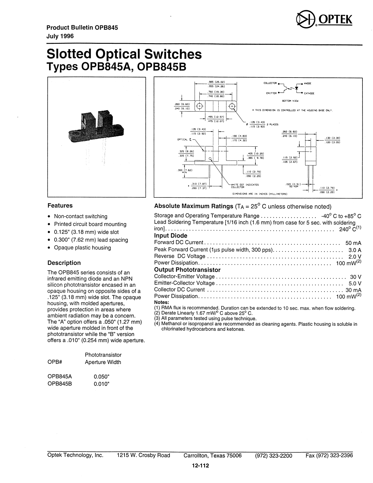 OPTEK OPB845A, OPB845B Datasheet