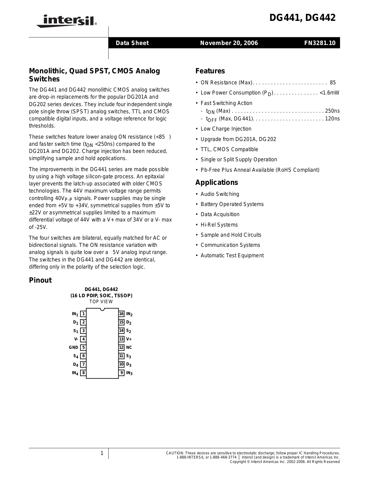 intersil DG441, DG442 User Manual