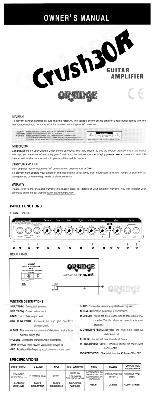 Orange Crush 30R Owner’s Manual