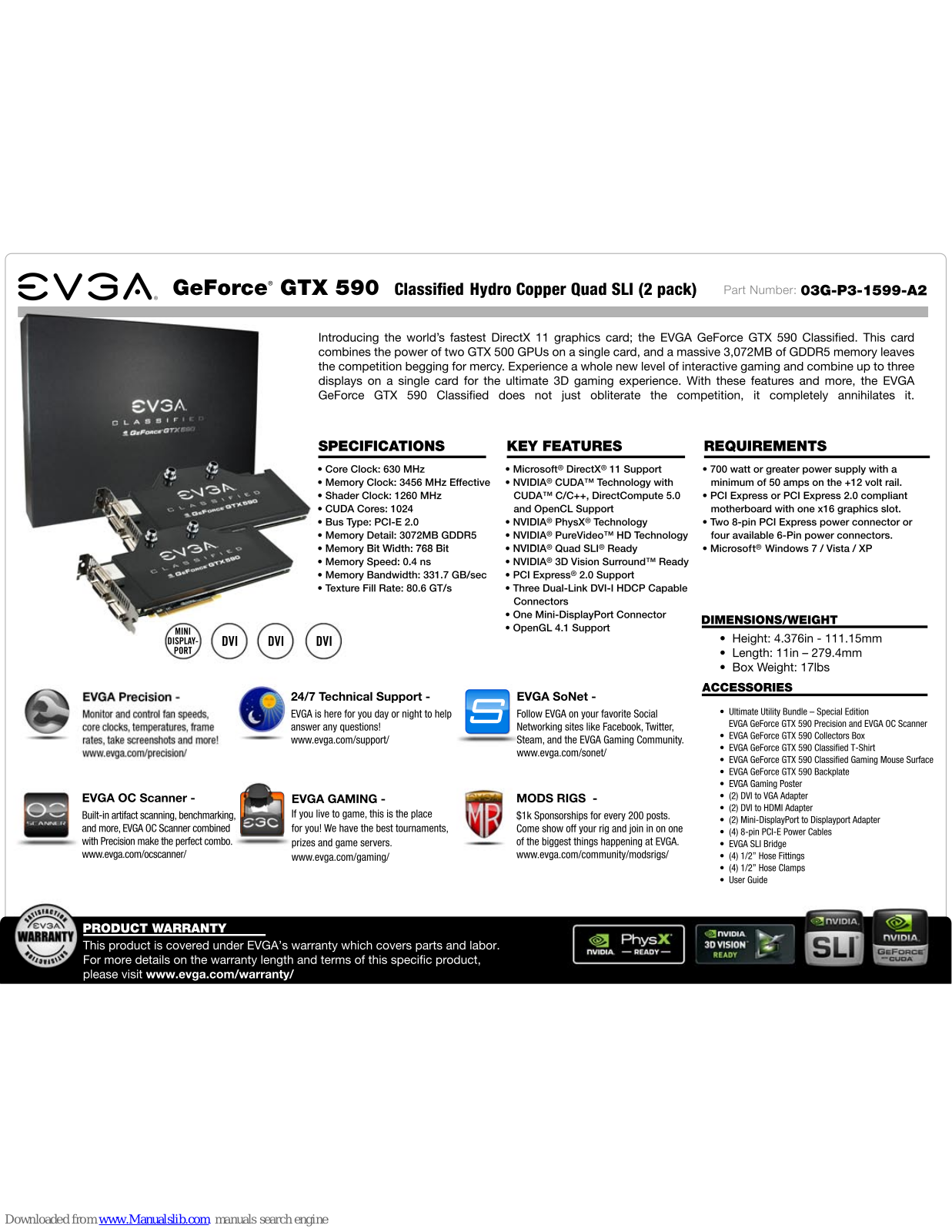 EVGA GeForce GTX 590 Classified Hydro Copper Quad SLI 2 pack, 03G-P3-1599-A2 Specification - ManualMachine.com
