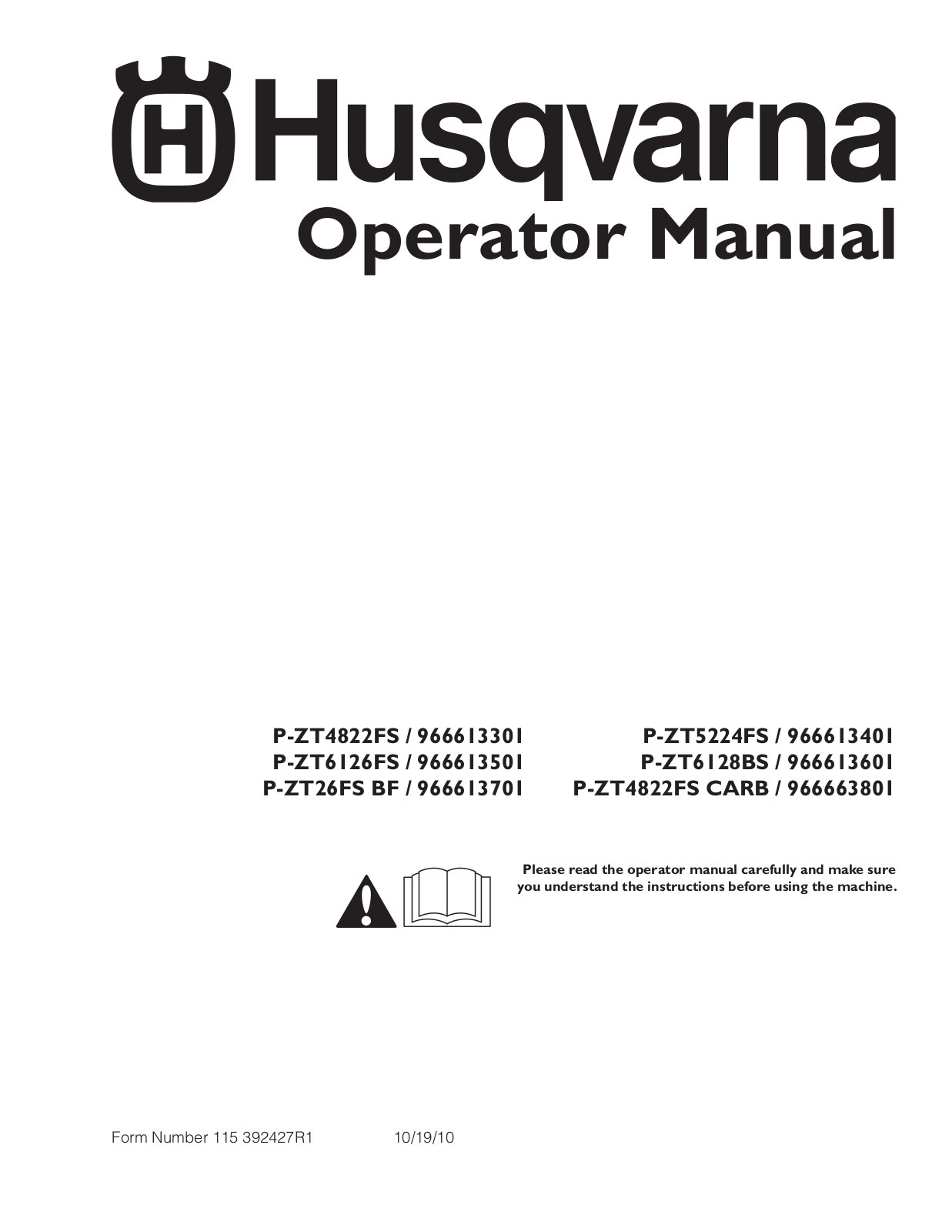 Husqvarna P-ZT5224FS, P-ZT6126FS, P-ZT61282BS, P-ZT26FS BF, P-ZT4822FS Owner's Manual