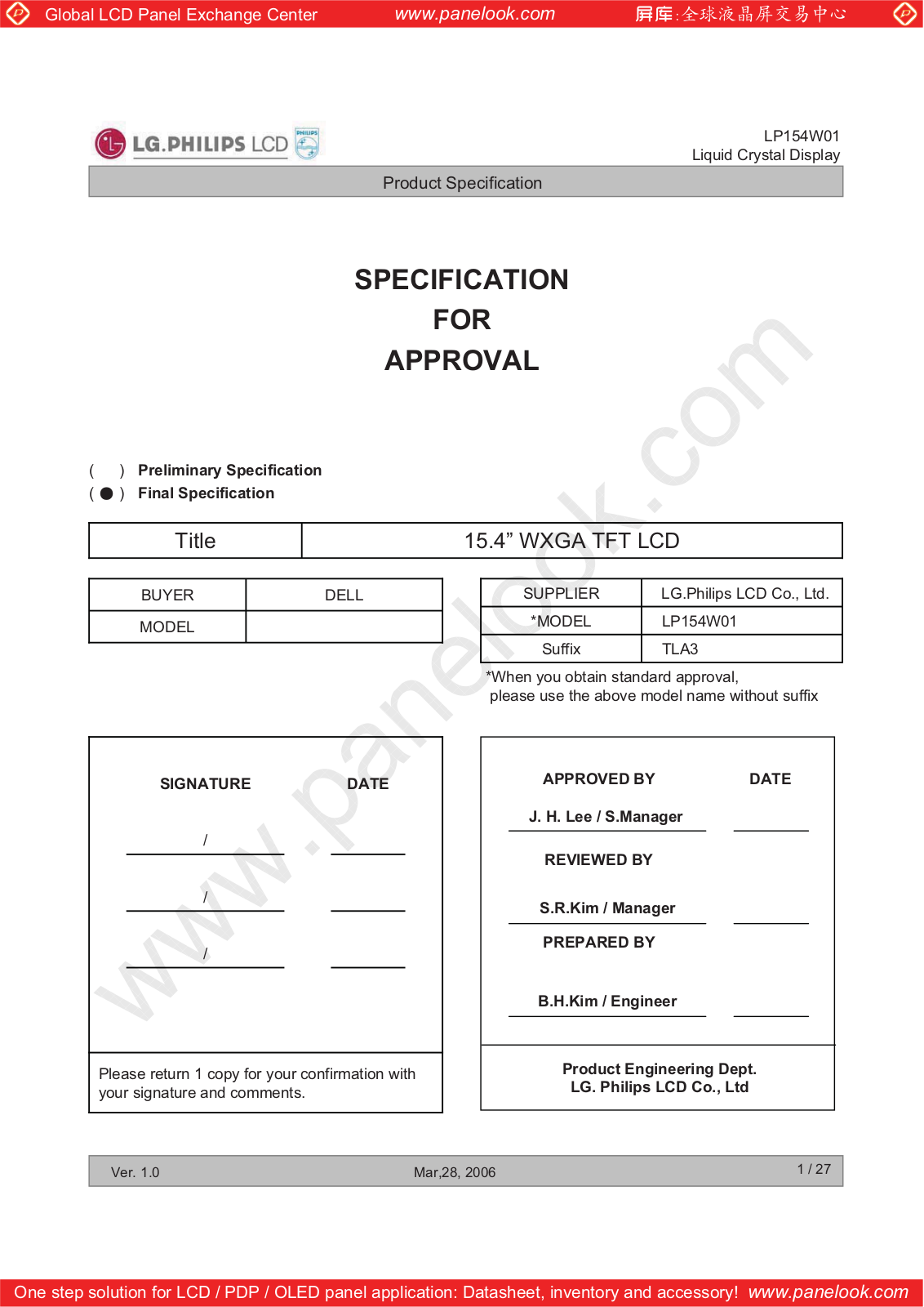 LG.Philips LCD LP154W01-TLA3 Specification