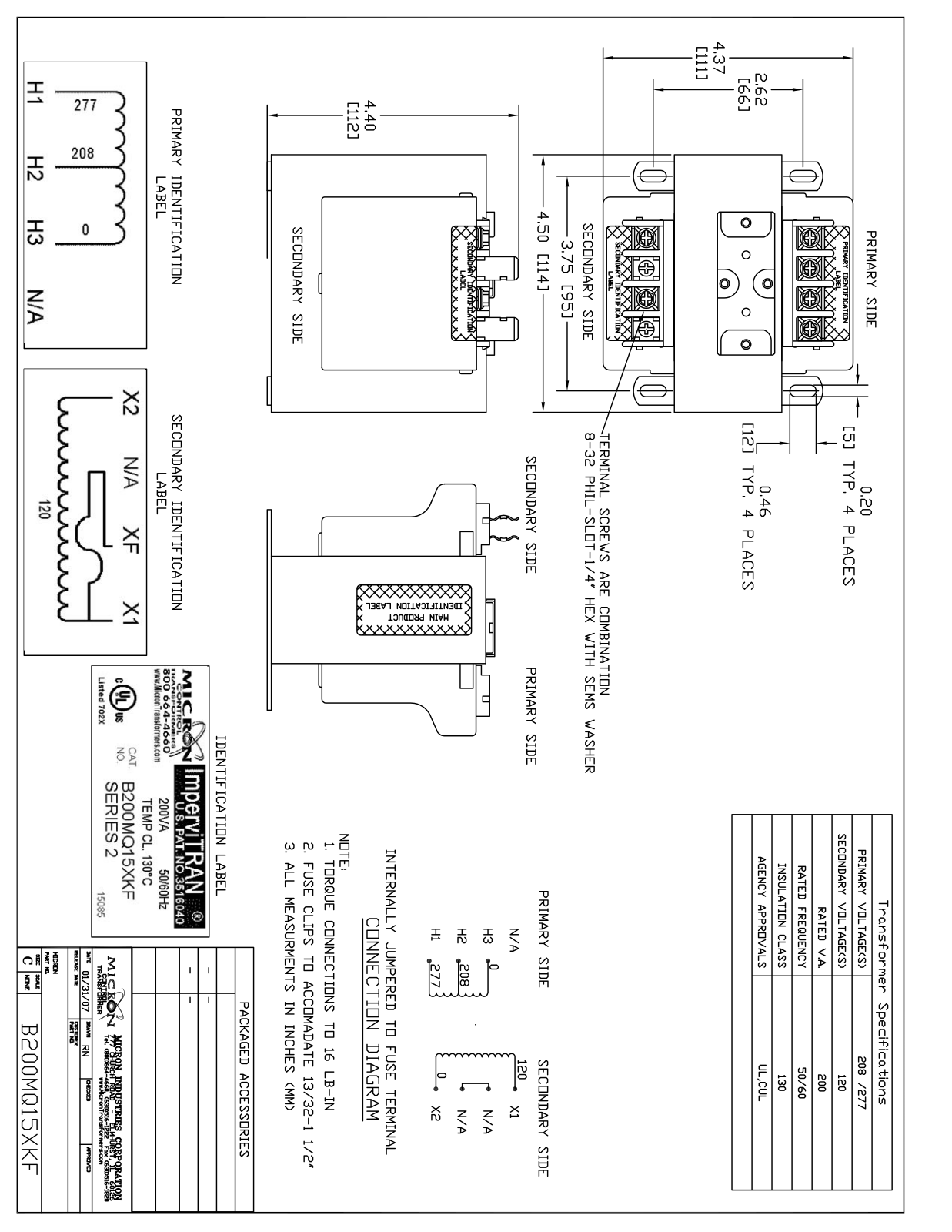 Micron Industries B200MQ15XKF Specification Sheet