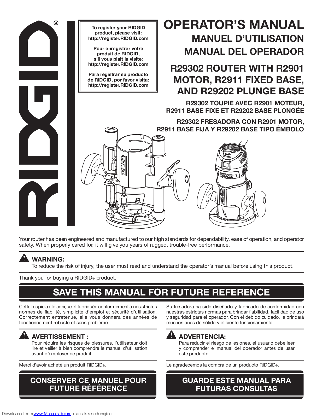 RIDGID R29302, R2901, R2911, R29202 Operator's Manual