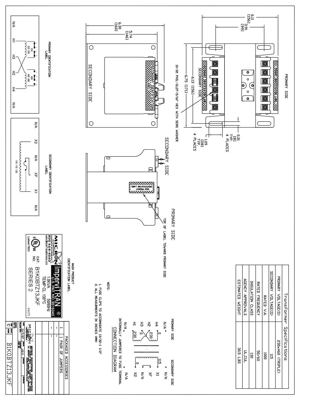 Micron Industries B1K0BTZ13JKF Specification Sheet