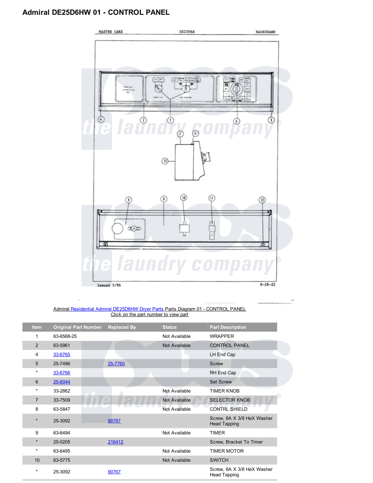 Admiral DE25D6HW Parts Diagram