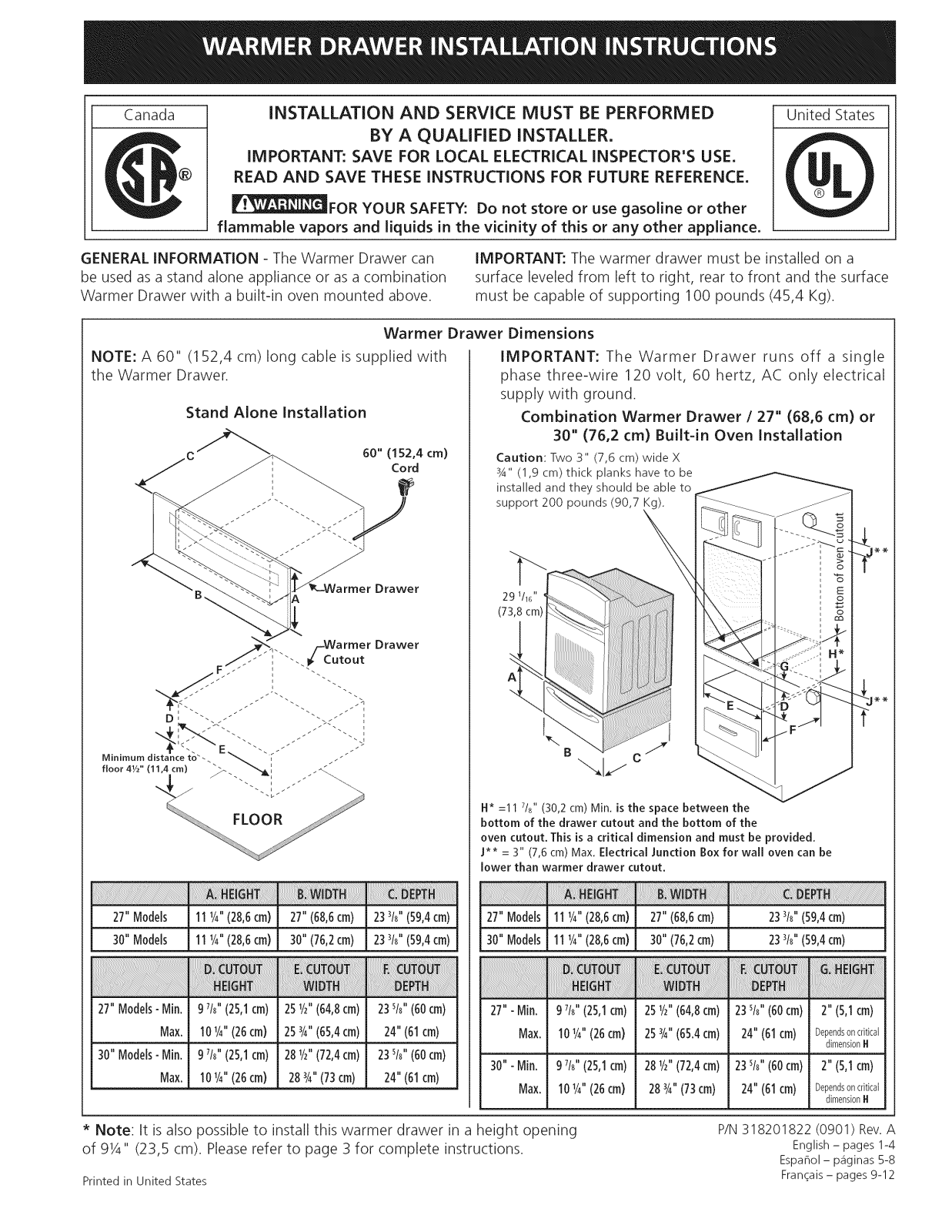 Frigidaire FGWD3065PFA, FPWD2785KFA, FPWD3085KFA Installation Guide - ManualMachine.com