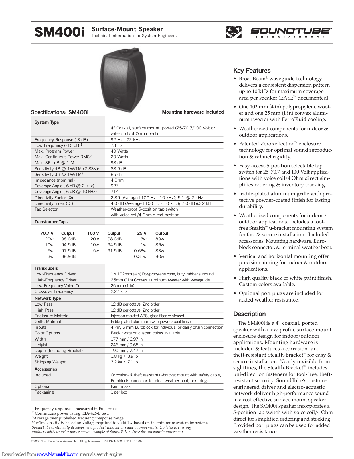 SoundTube Surface-Mount Speaker SM400i Specifications