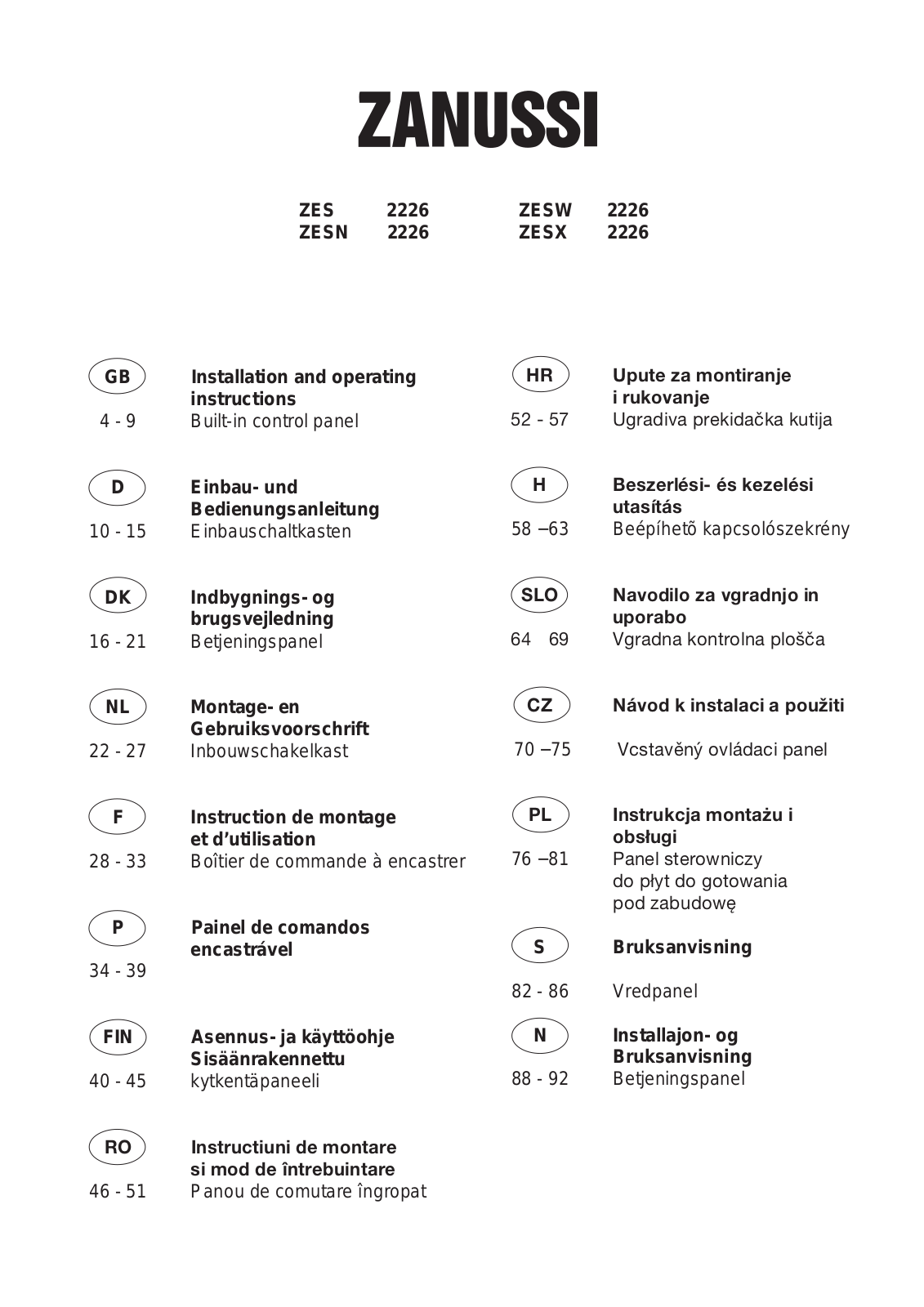 Zanussi ZESX2226, ZESN2226, ZES2226, ZESW2226 User Manual