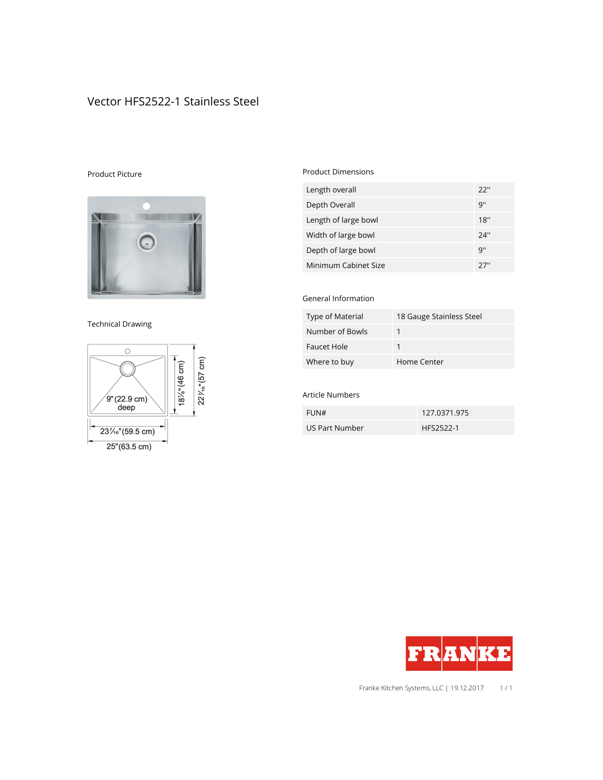 Franke HFS2522-1 Specification Sheet