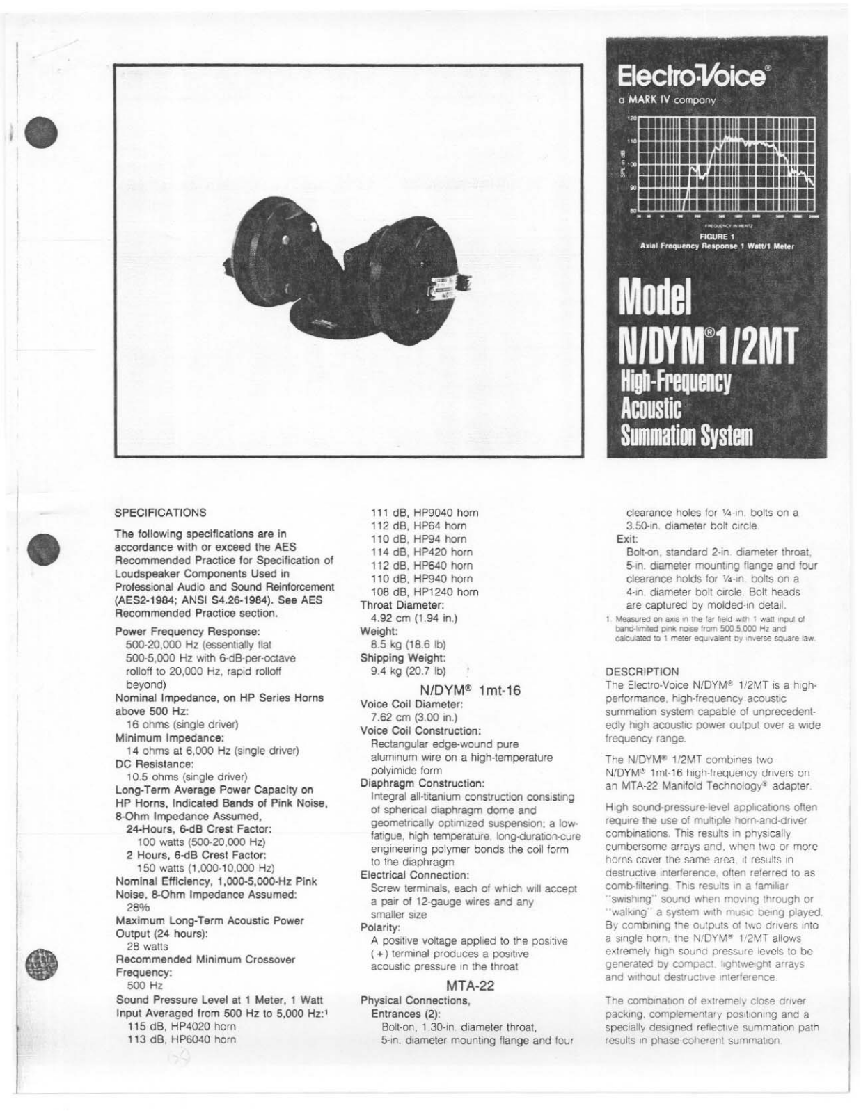 Electro-voice NDYM 2MT, NDYM 1MT DATASHEET