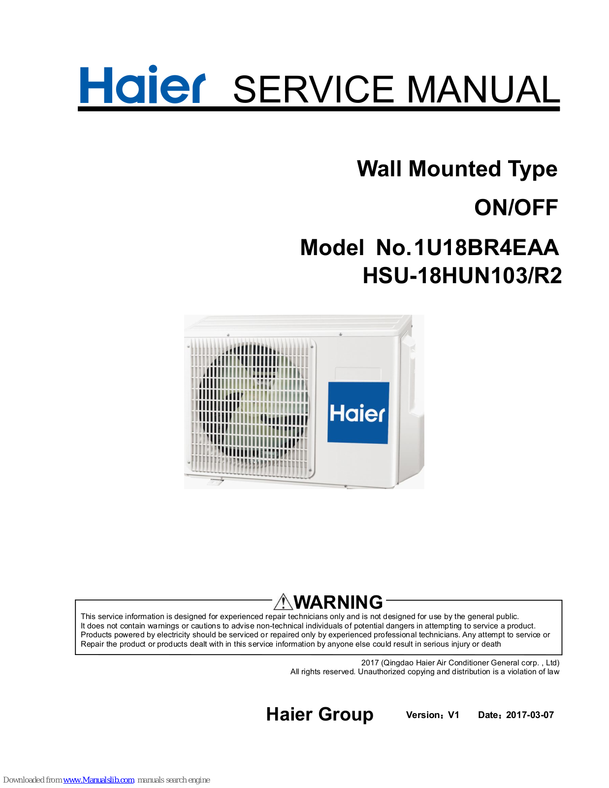 Haier 1U18BR4EAA, HSU-18HUN103/R2 Service Manual