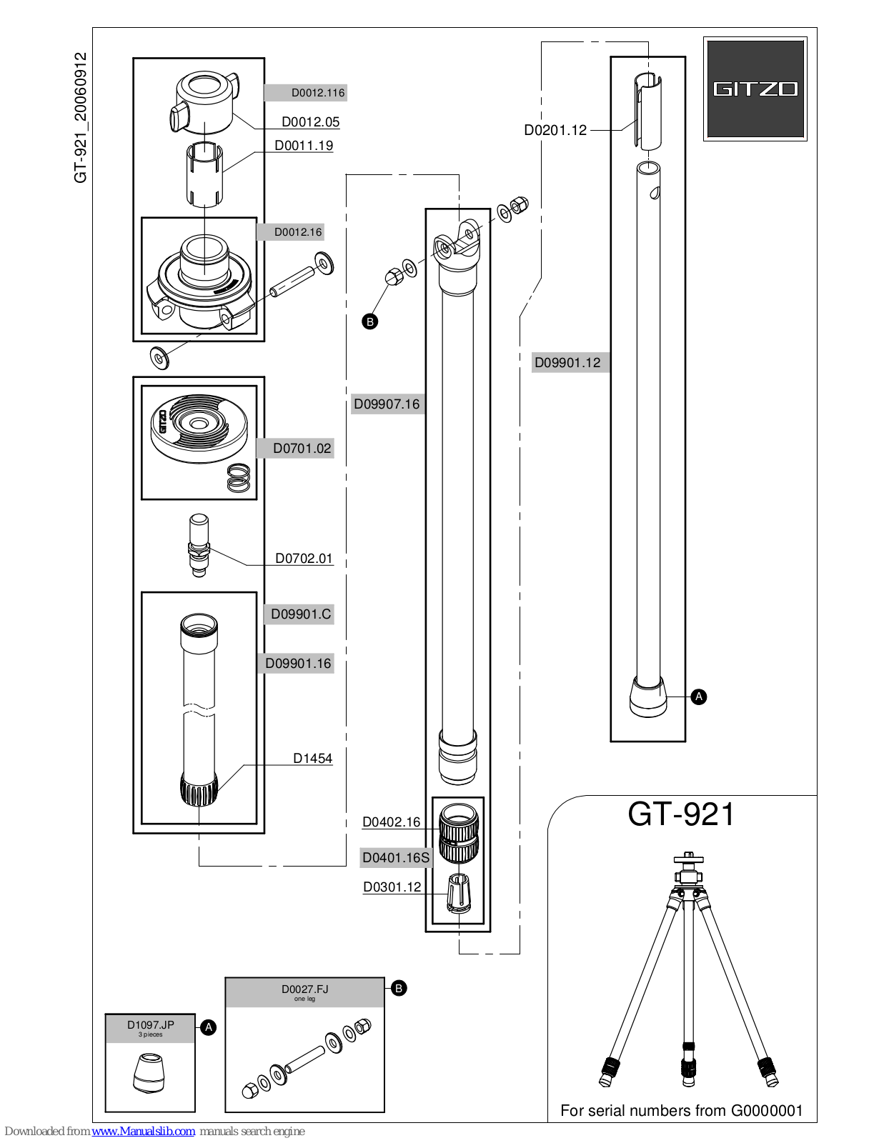 Gitzo Series 0 Basalt GT-921, 0 GT-921 Parts List