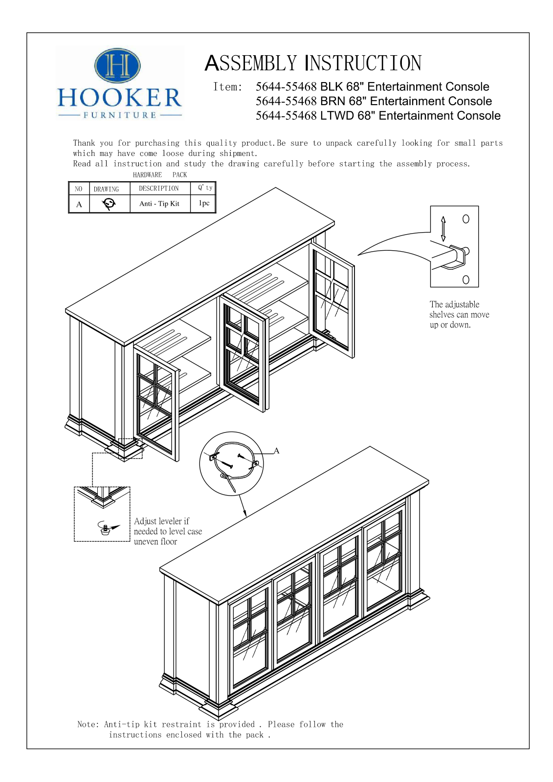 Hooker Furniture 564455468TVS, 564455468LTWD Assembly Guide