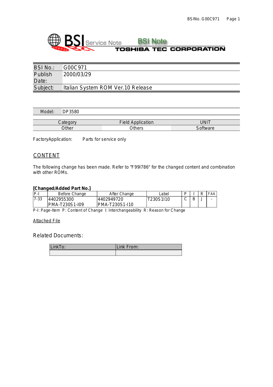 Toshiba g00c971 Service Note