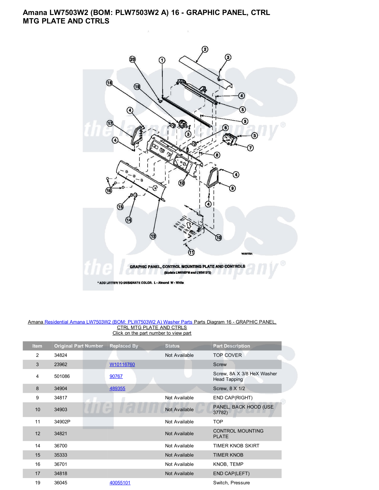 Amana LW7503W2 Parts Diagram