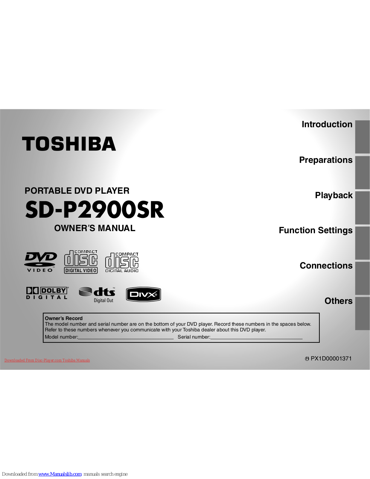 Toshiba teli SD-P2900SR Owner's Manual