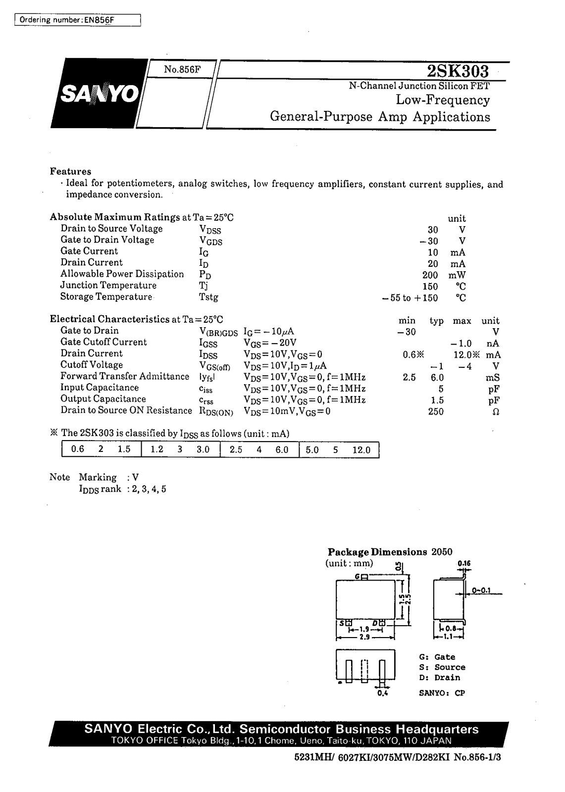 SANYO 2SK303 Datasheet