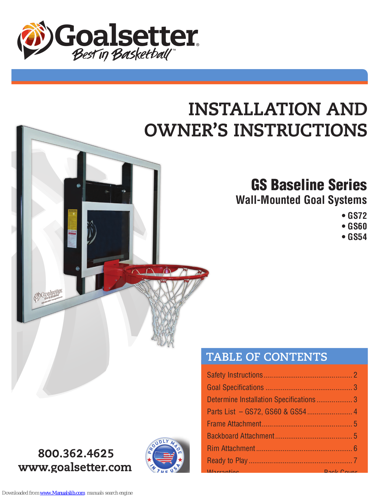 Goalsetter Systems GS72, GS54, GS Baseline series, GS60 Installation And Owner's Instructions