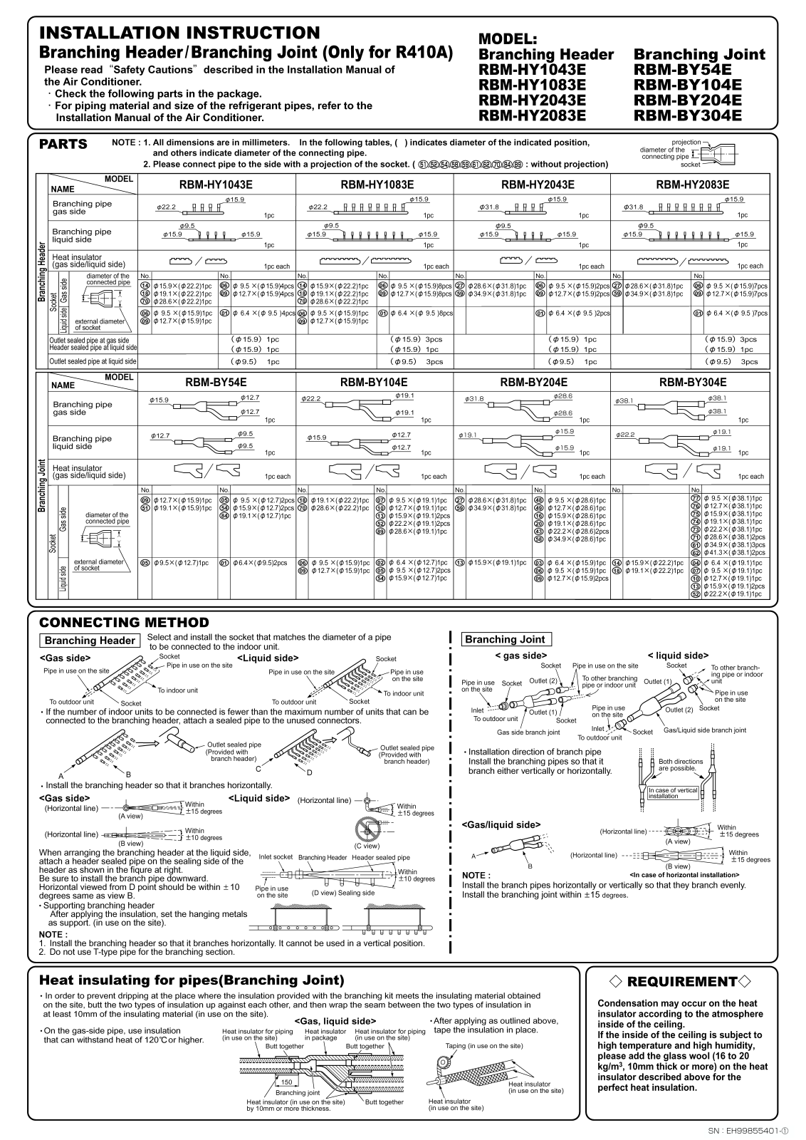 Toshiba RBM-HY2043E, RBM-HY1083E, RBM-BY54E, RBM-HY1043E, RBM-BY304E INSTALLATION MANUAL