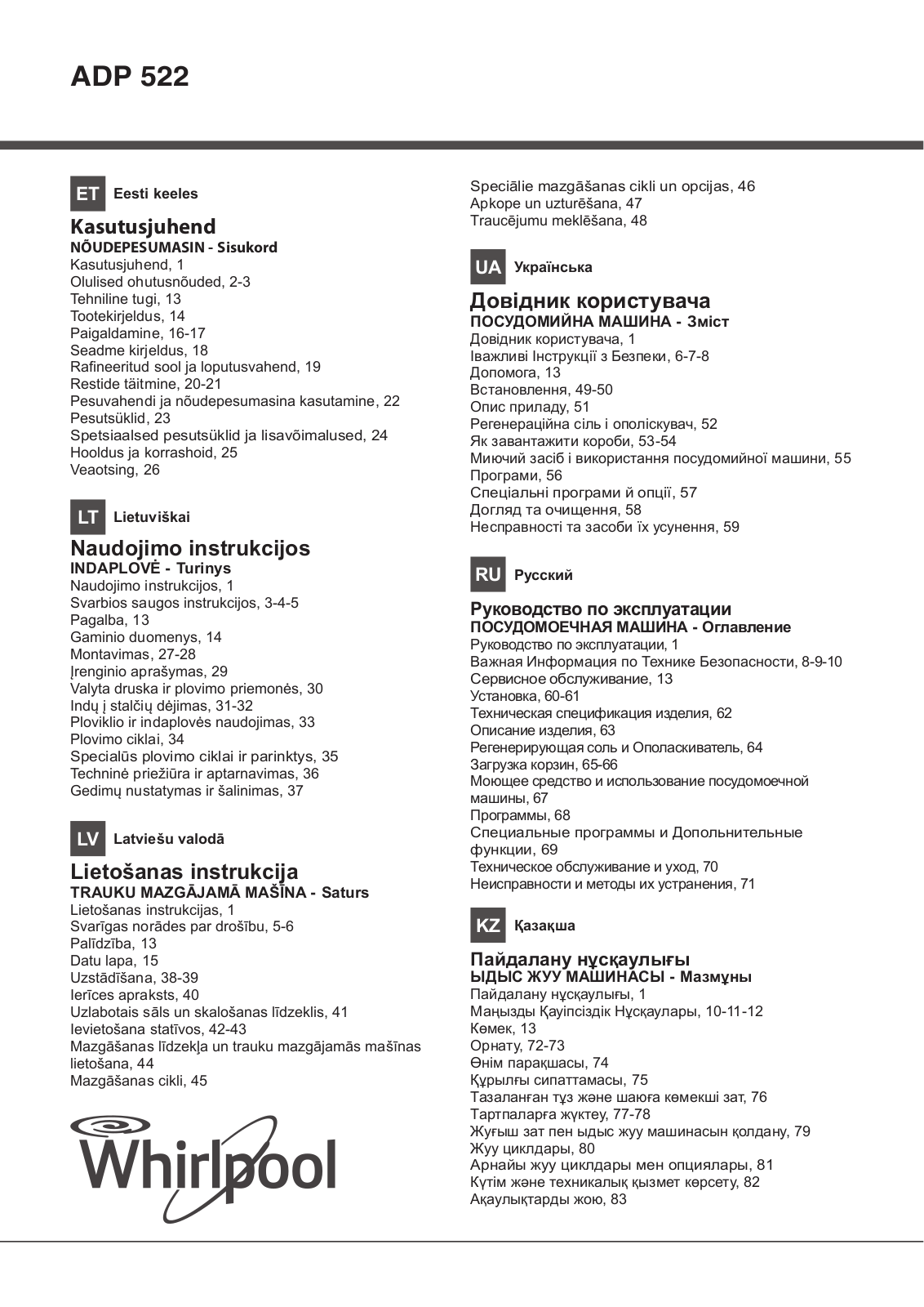 Whirlpool ADP 522 WH User Manual