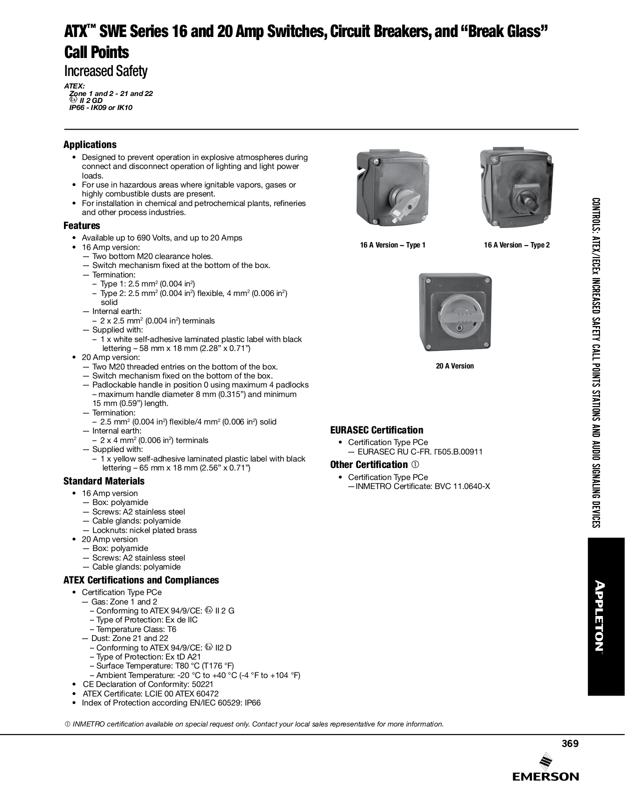 Appleton ATX™ SWE Series Switches, Circuit Breakers, “Break Glass” Call Points Catalog Page