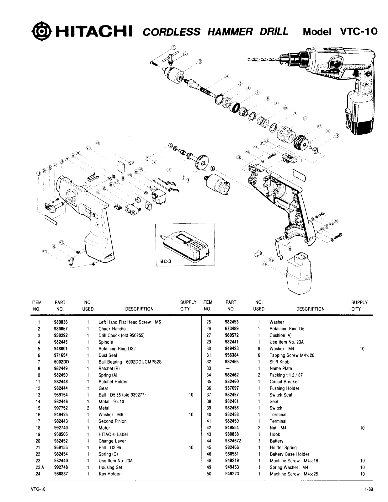 Hitachi VTC10 PARTS LIST