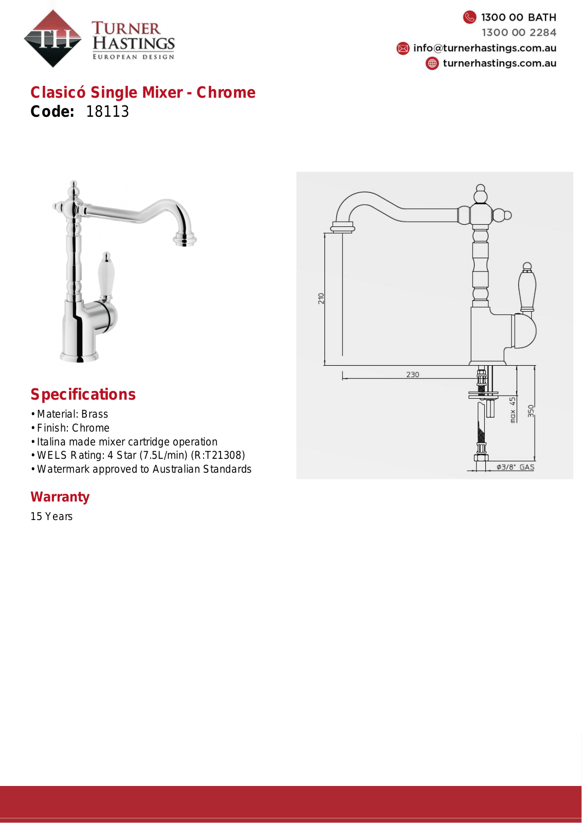 Turner Hastings 18113 Specifications Sheet