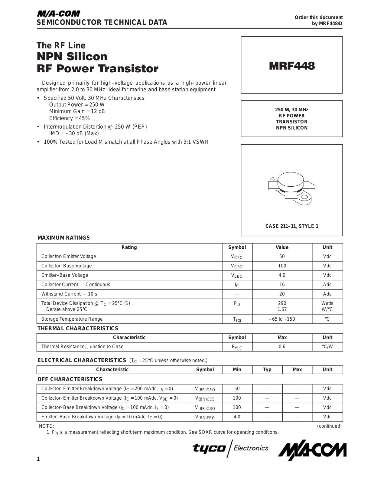 M A COM MRF448 Datasheet