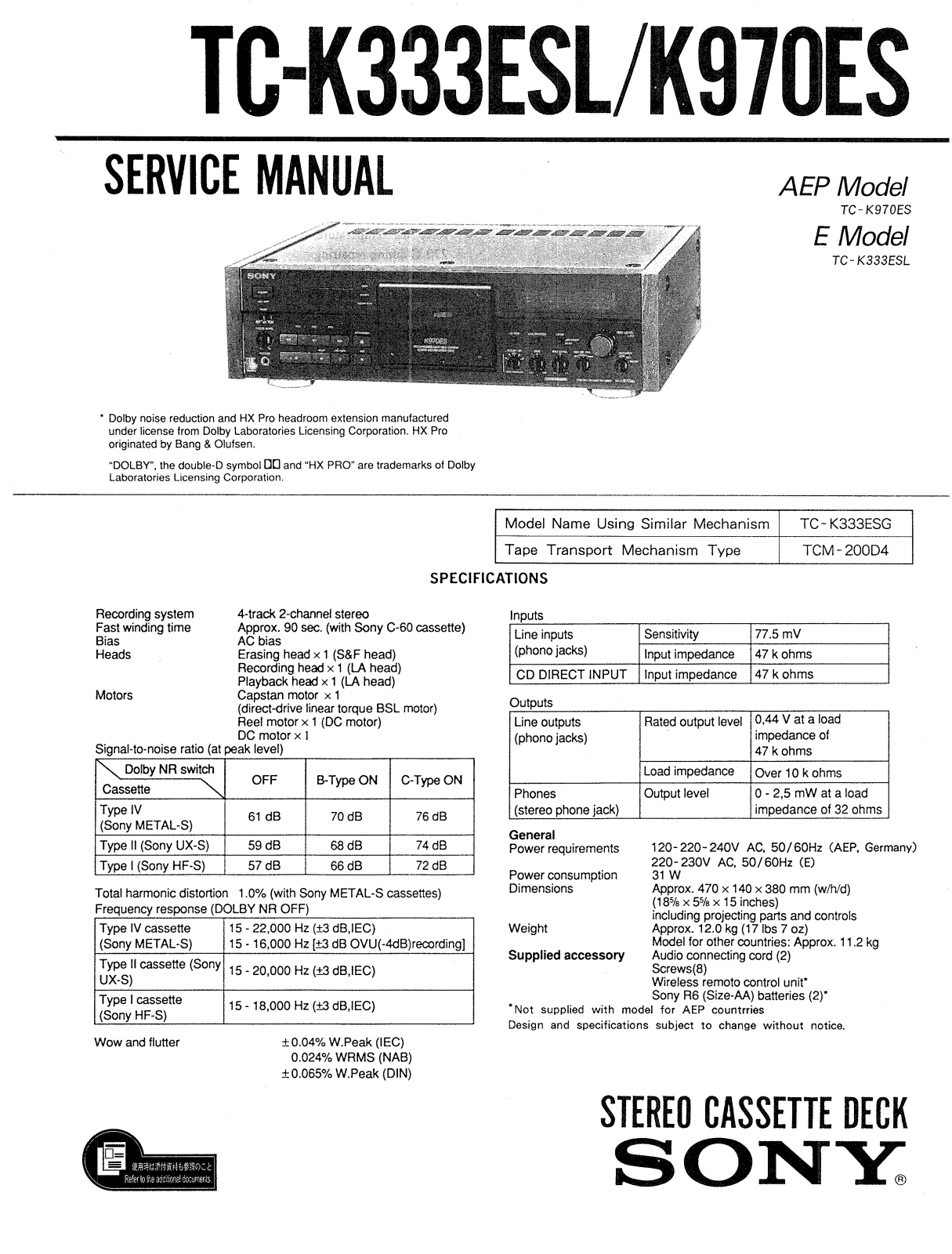 Sony tc k333 t, TC K333ESL, TC K970ES, c k970es Service Manual