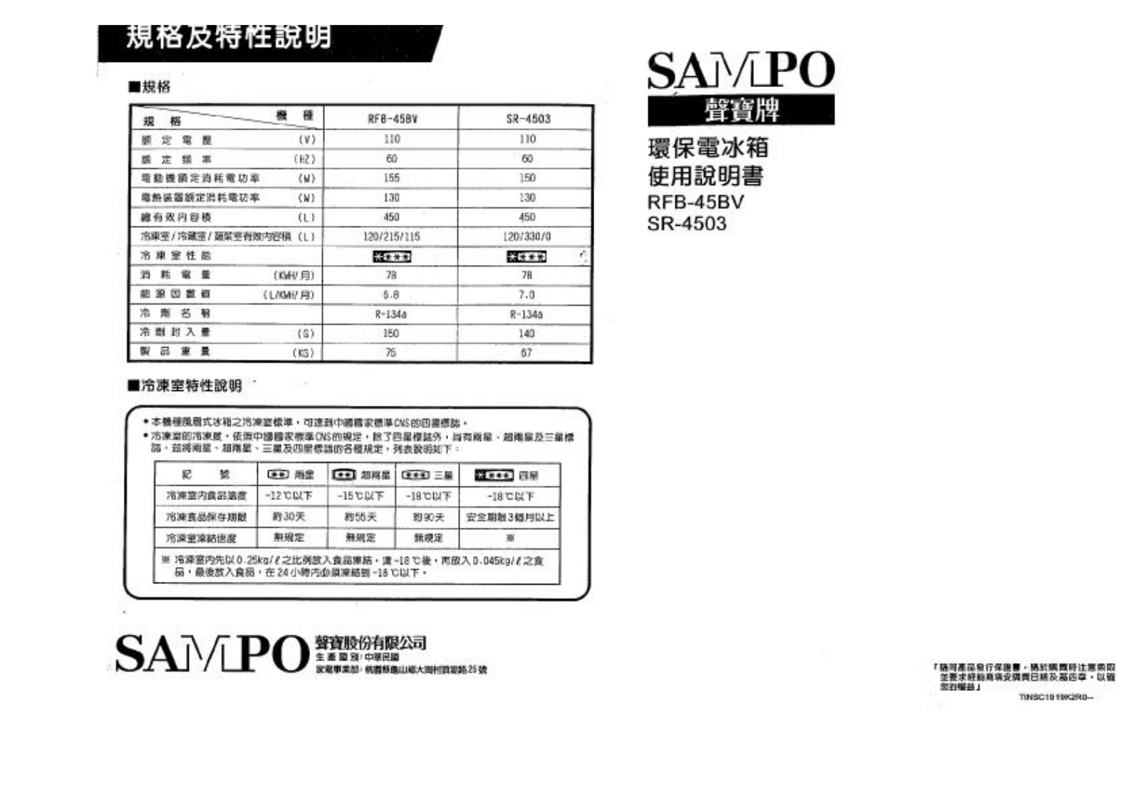 SAMPO RFB-45BV, SR-4503 User Manual