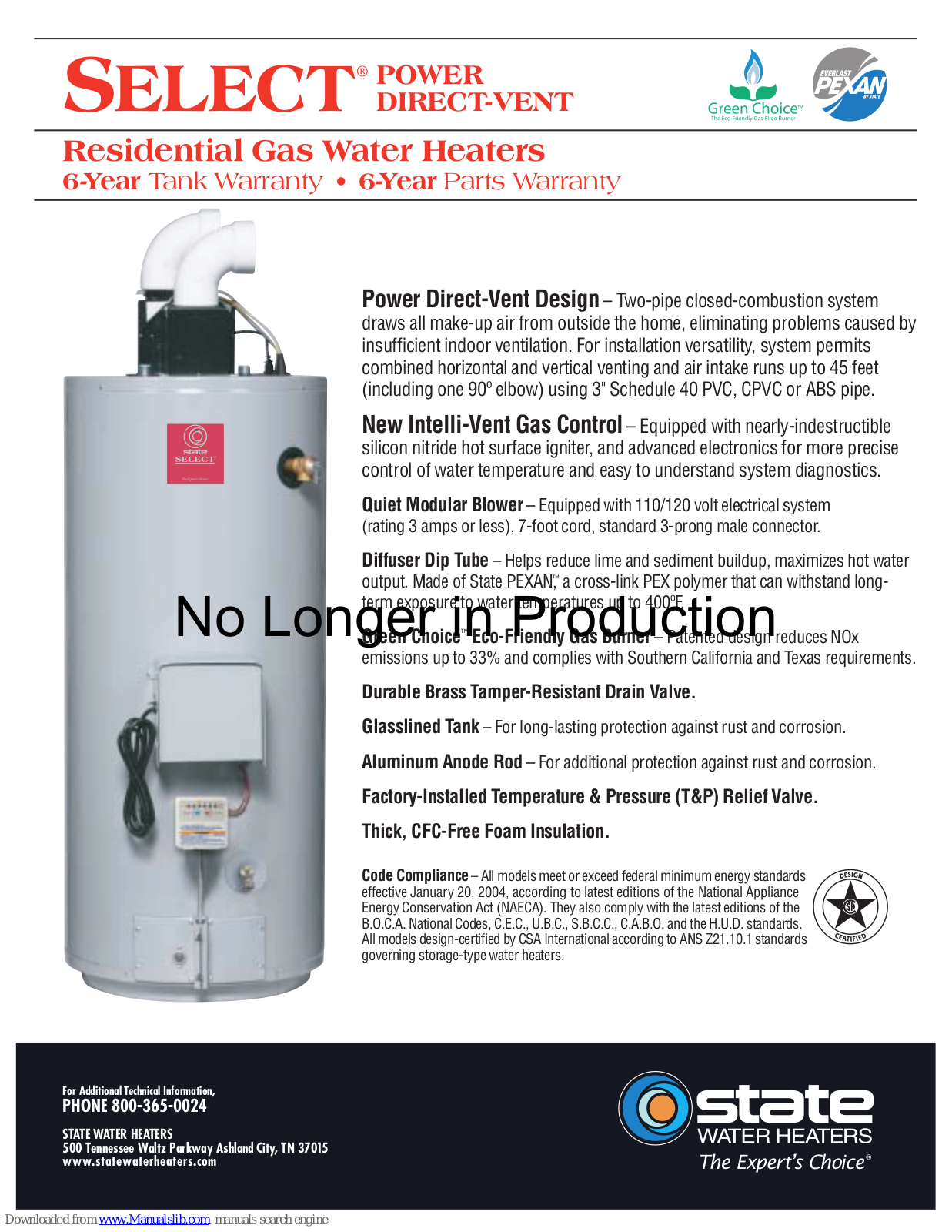 State Water Heaters Select SRGSS01706, Select PR6 40 XBPDT, Select PR6 50 XBPDT, Select PR6 50 XRPDT 5, Select PR6 75 XRPDT Specification Sheet - ManualMachine.com