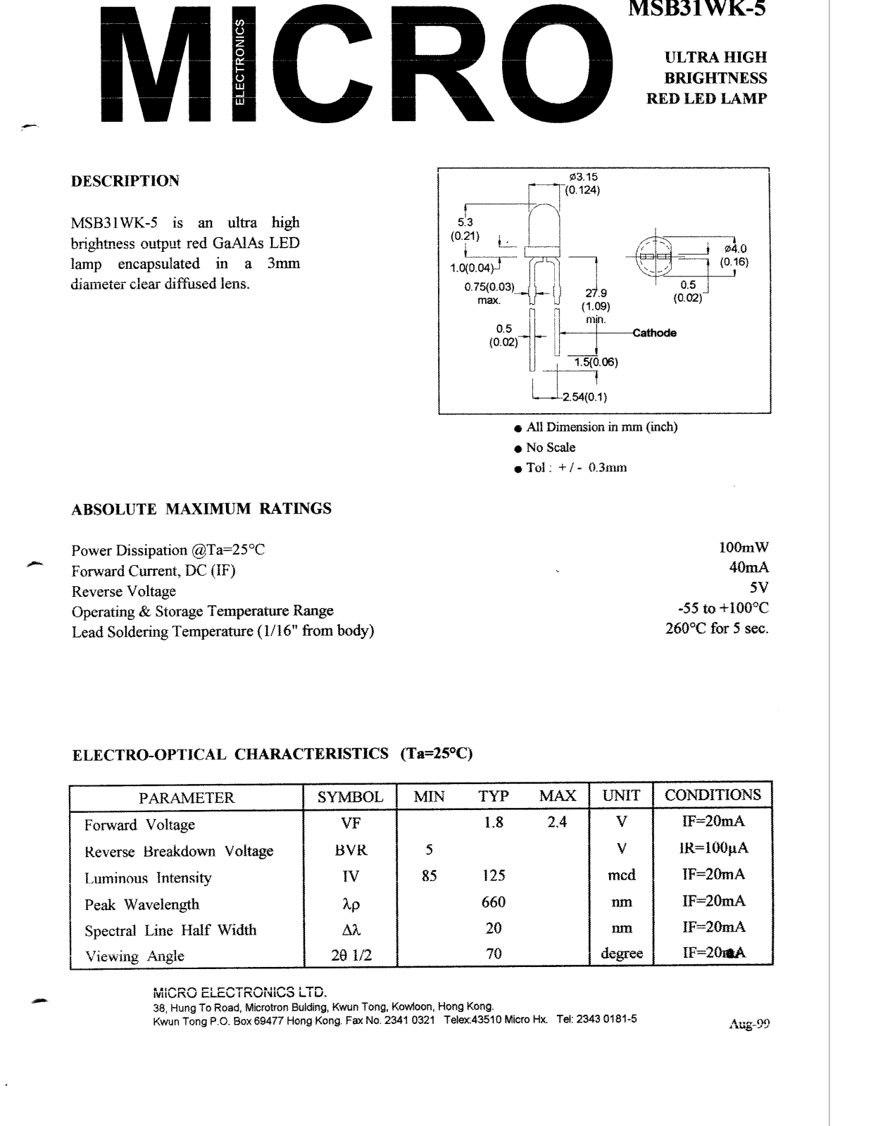 MICRO MSB31WK-5 Datasheet