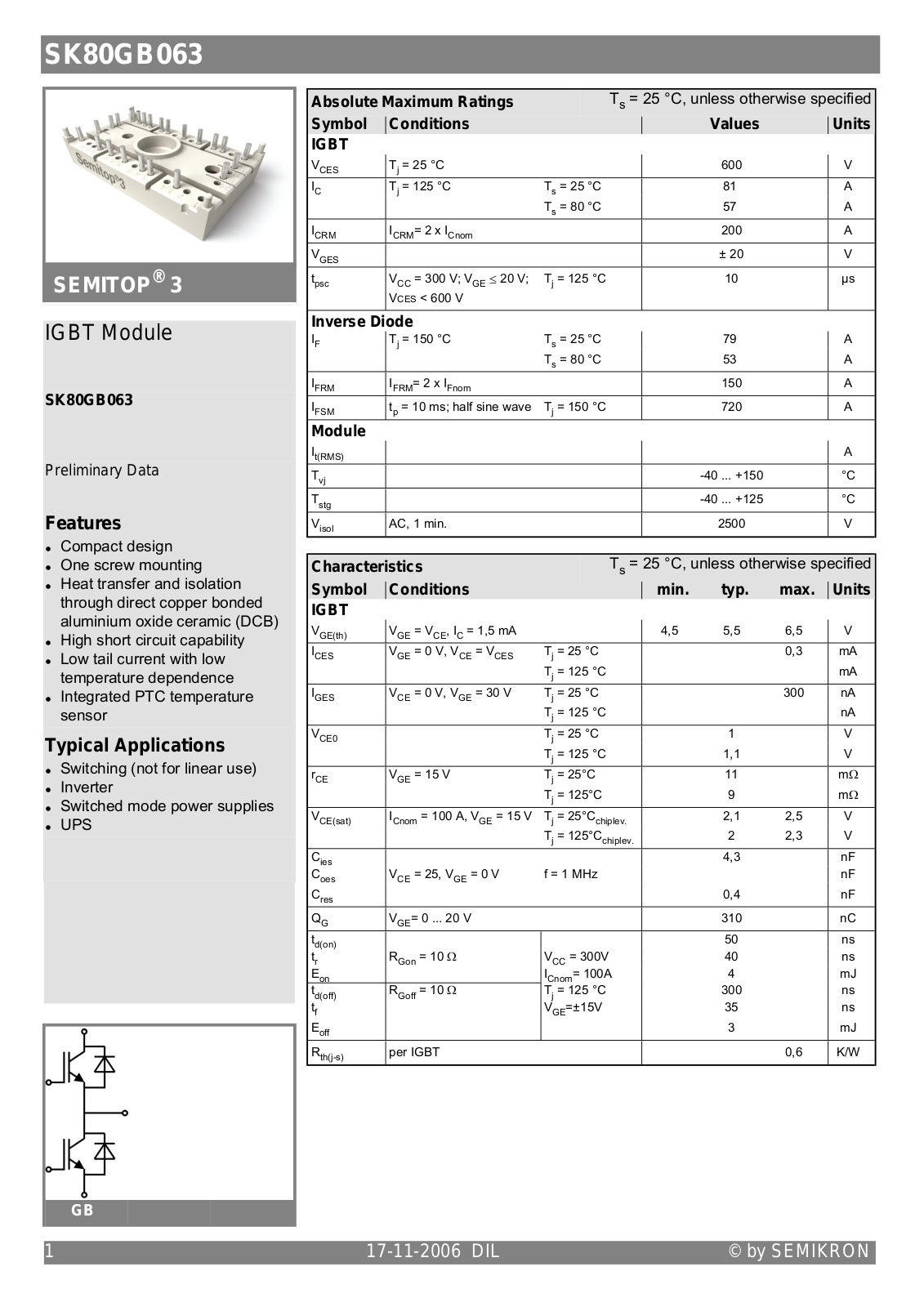 Semikron SK80GB063 Data Sheet