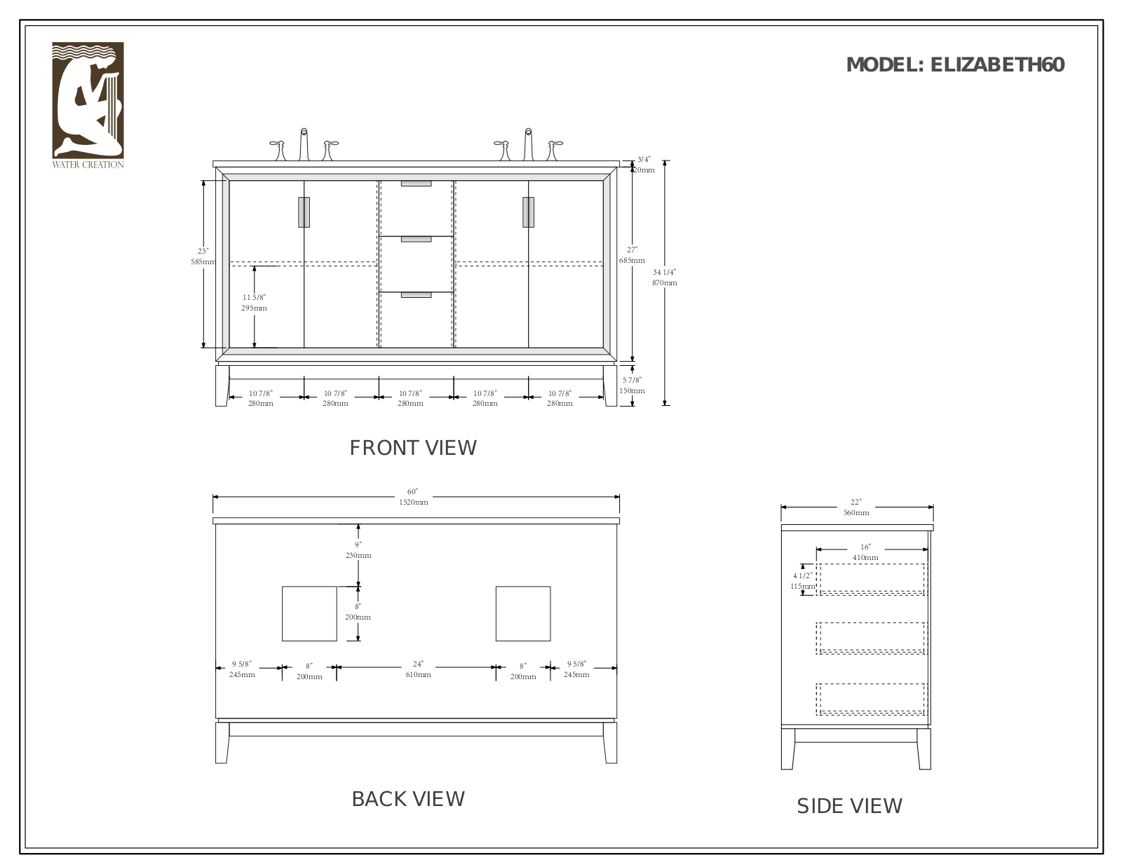 Water Creation VEL060CWCG10, VEL060CWCG04, VEL060CWCG00, VEL060CWCG27, VEL060CWMB00 Specifications