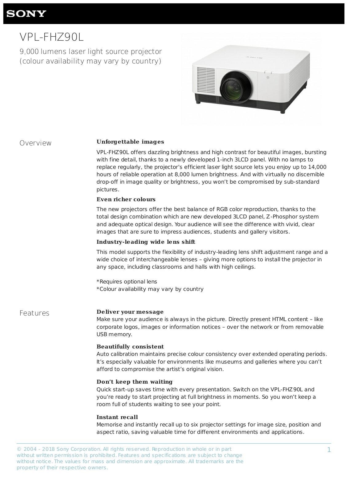 Sony VPL-FHZ90L User Manual