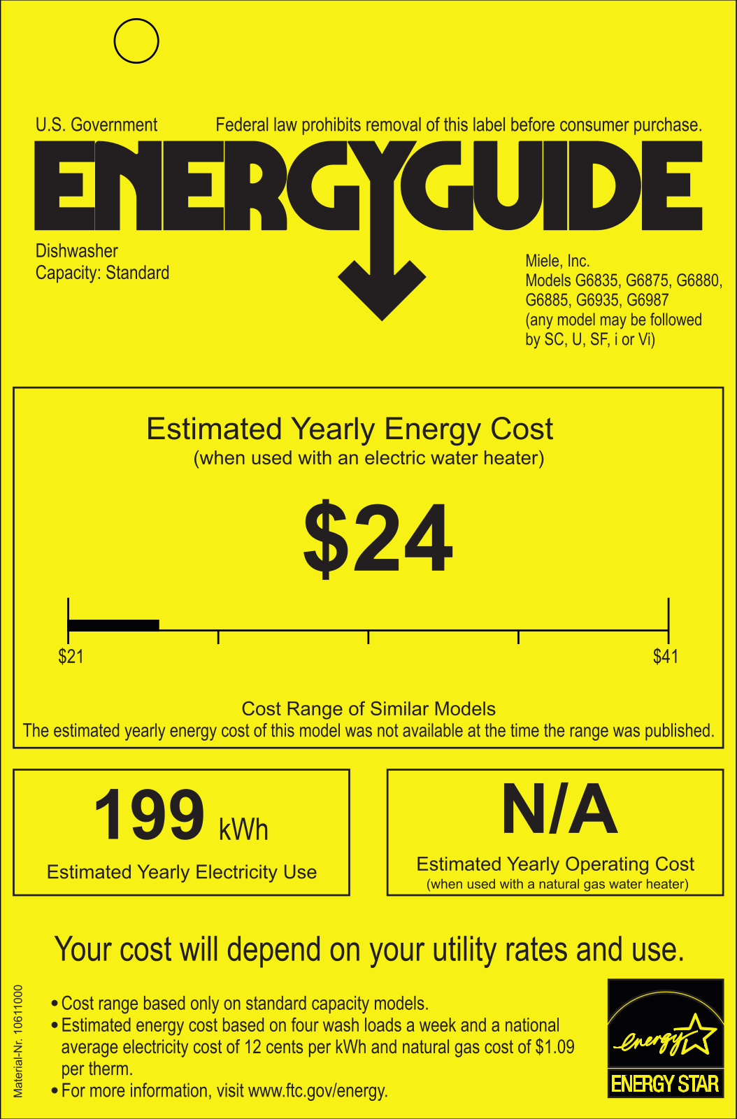 Miele G6880SCVIK2O, G6835SCI Energy Guide