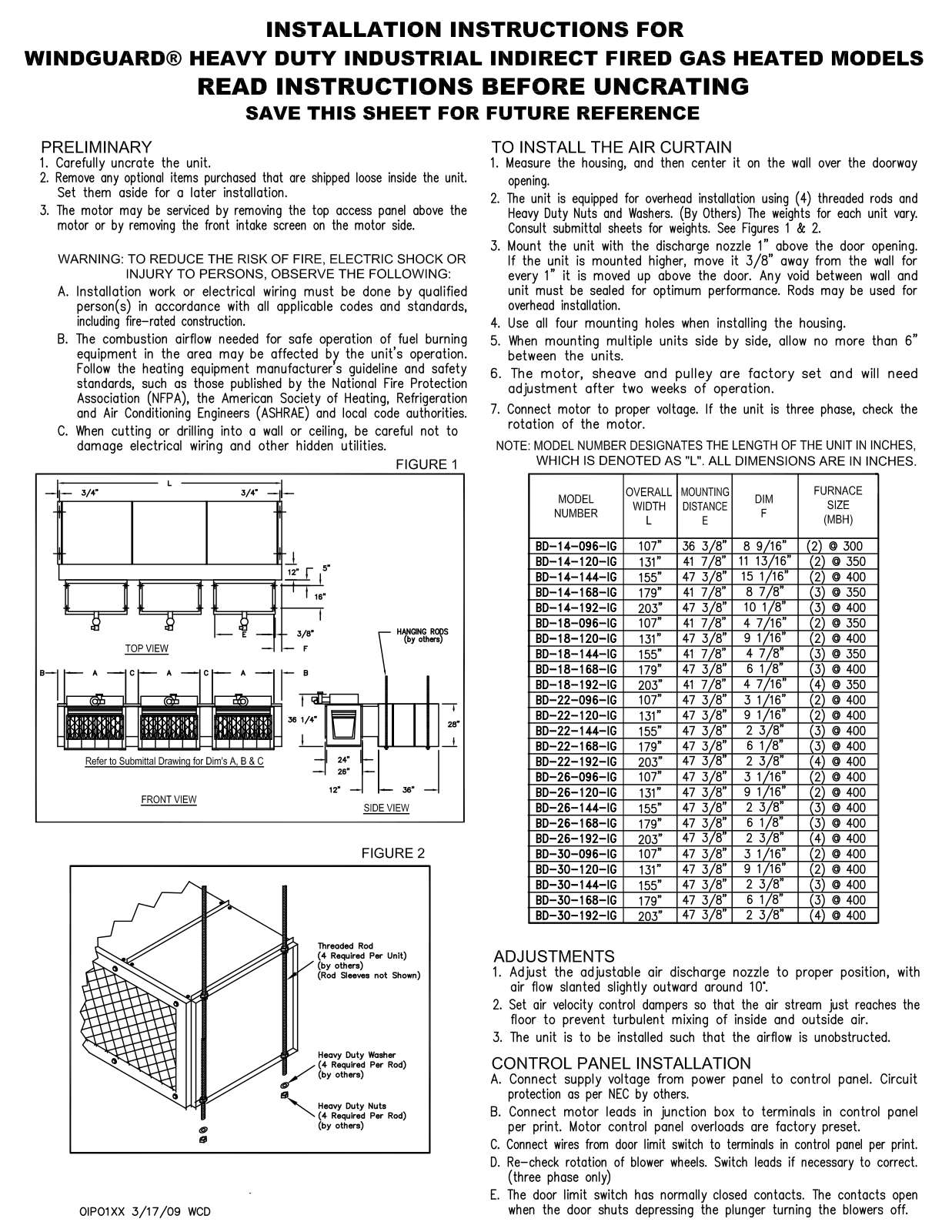 Mars Air BD-14-095-IG, BD-14-096-IG Installation  Manual