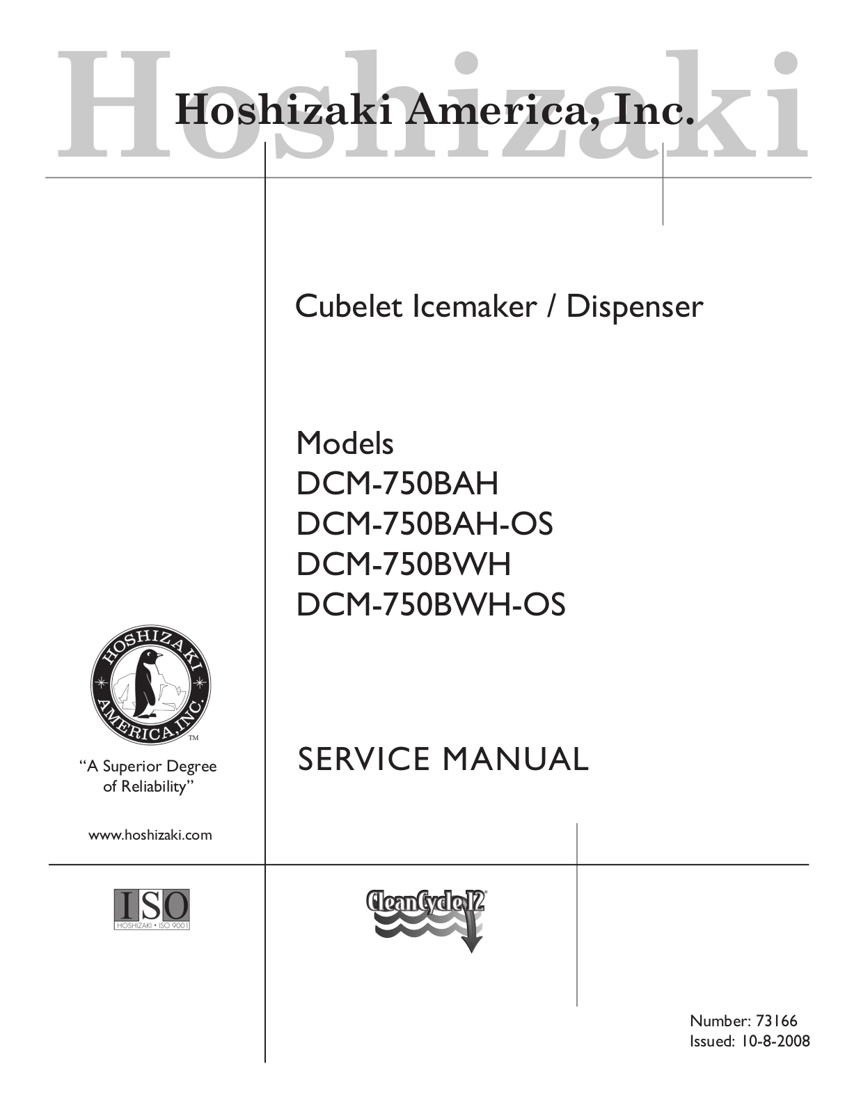 Hoshizaki DCM-750BAH User Manual