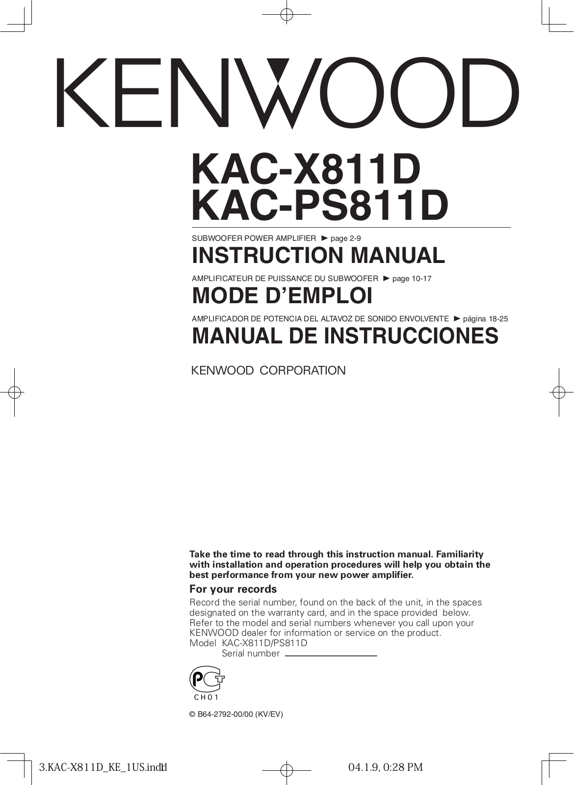 Kenwood KAC-X811D, KAC-PS811D User Manual