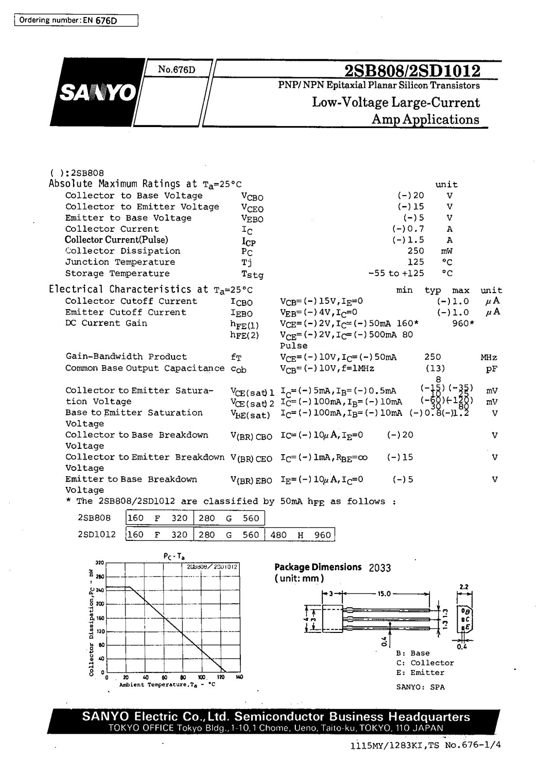 SANYO 2SD1012, 2SB808 Datasheet