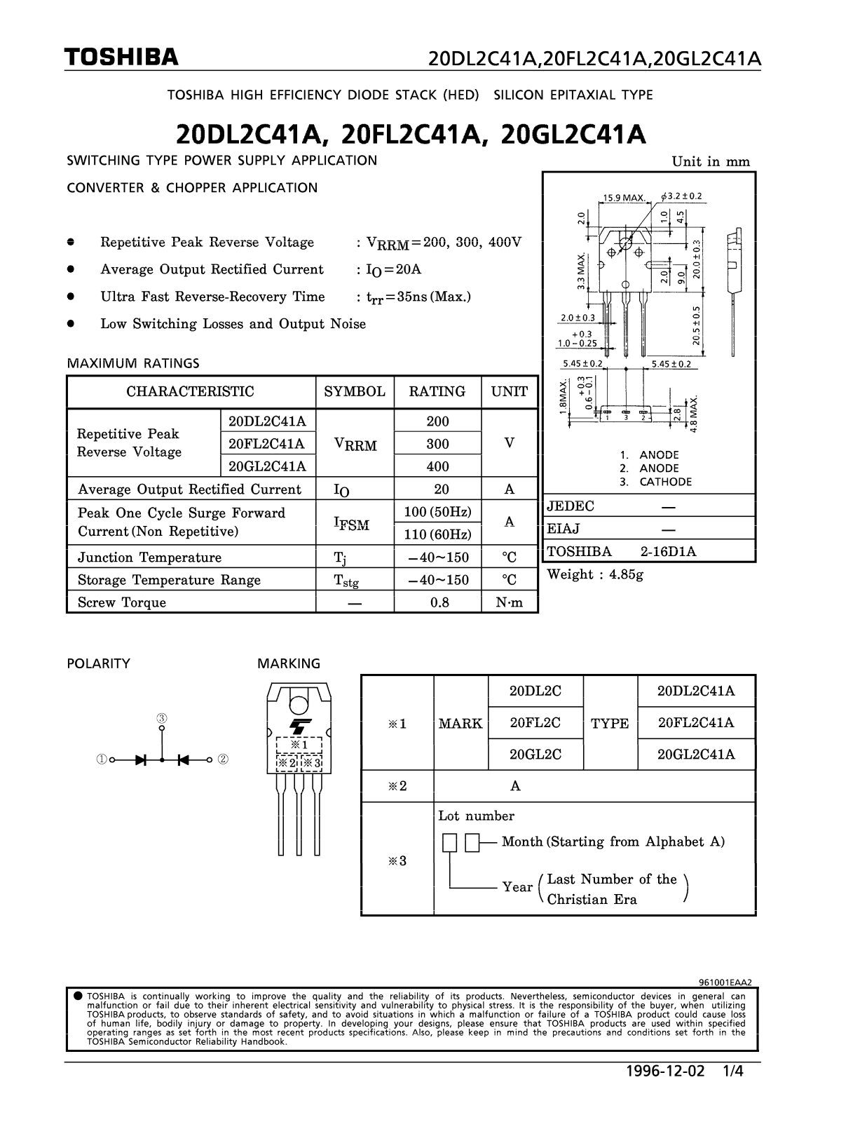 Toshiba 20DL2C41A Datasheet