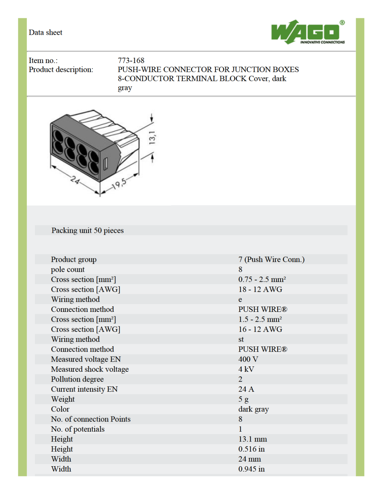 Wago 773-168 Data Sheet