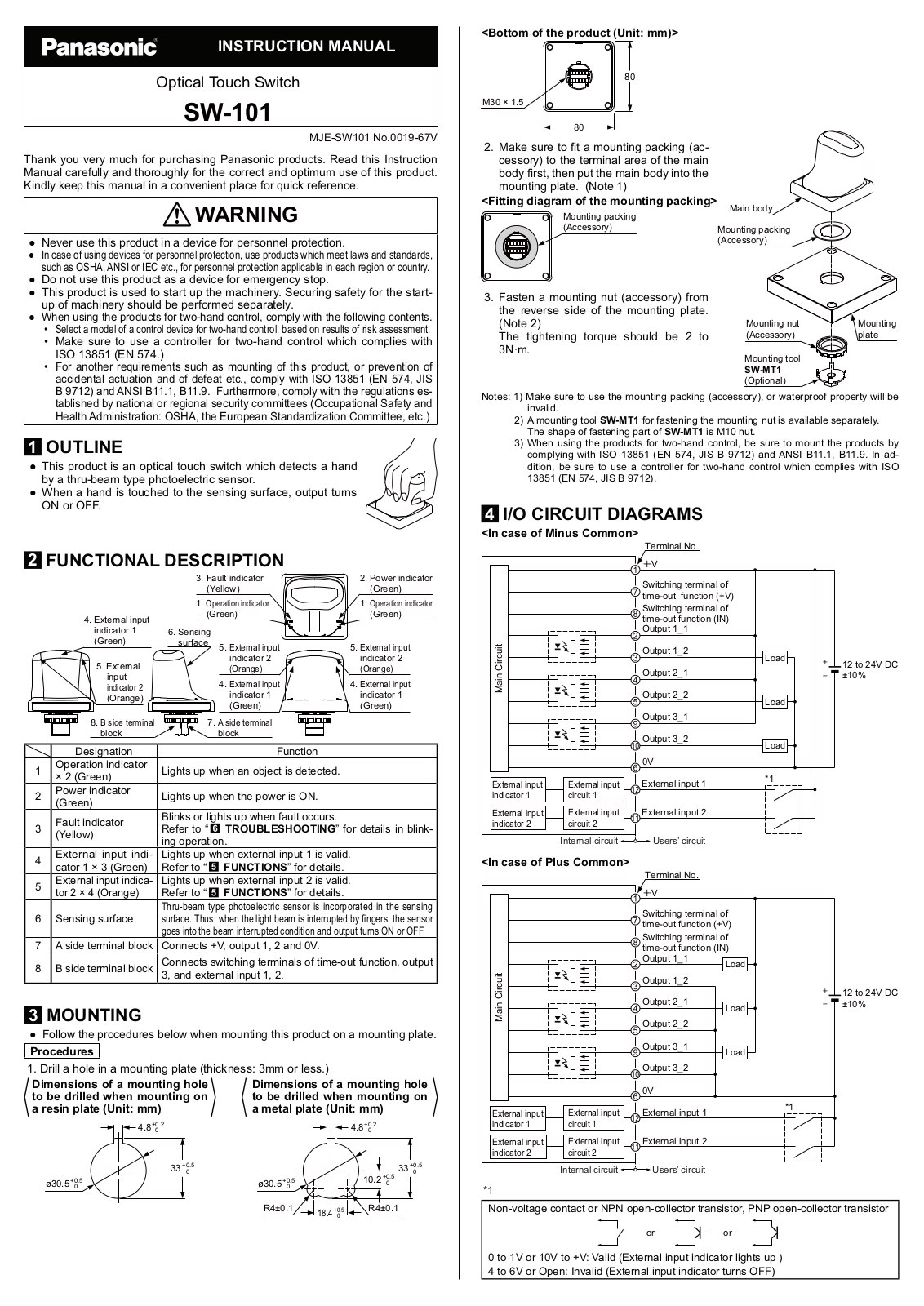 Panasonic SW-101 Instruction Manual