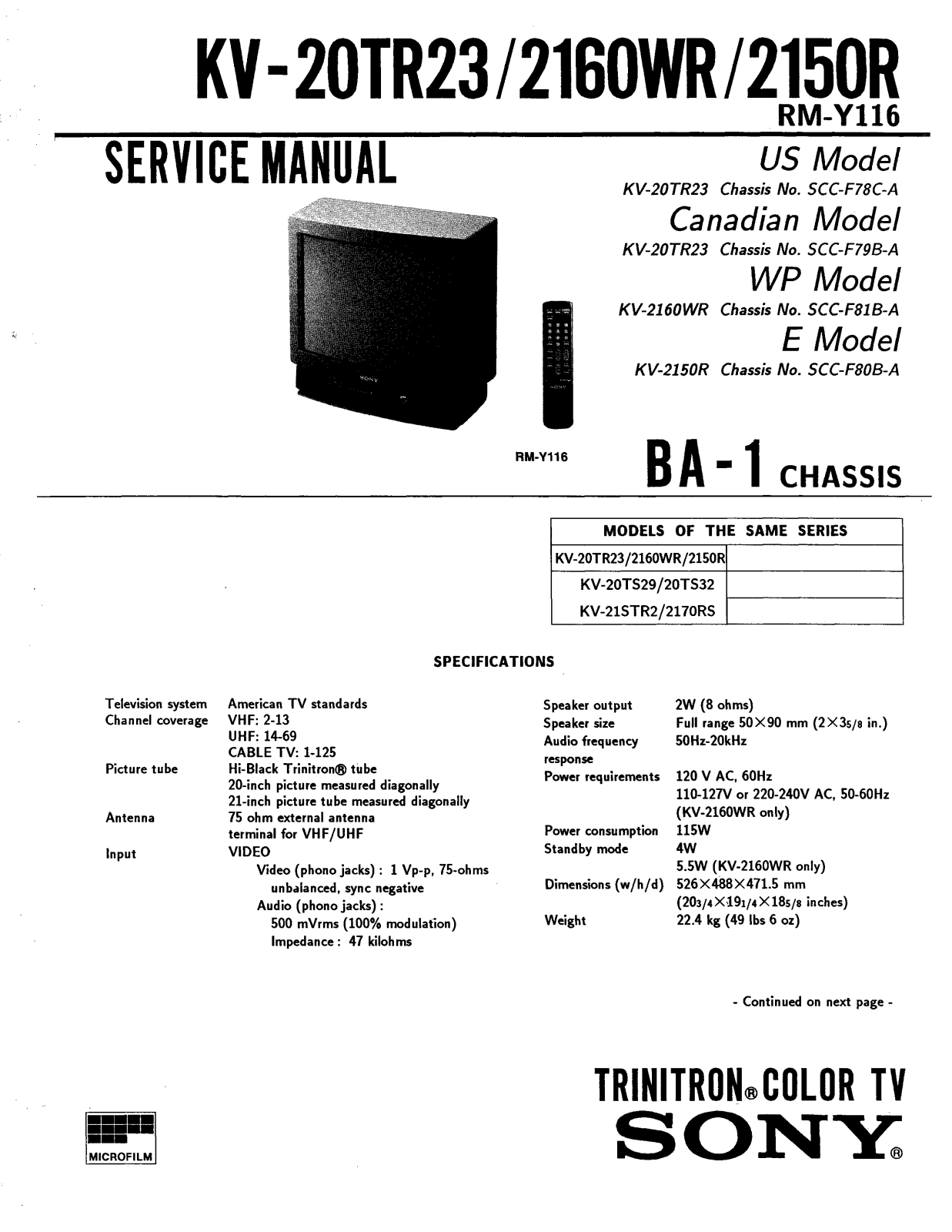 SONY BA-1, KV 20TR23, 27V412T Service Manual