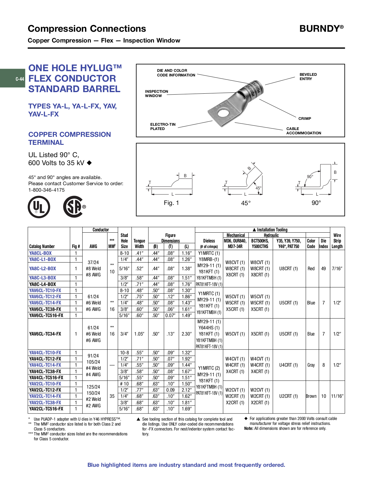 Burndy YA-L, YA-L-FX, YAV-L-FX, YAV Catalog Page