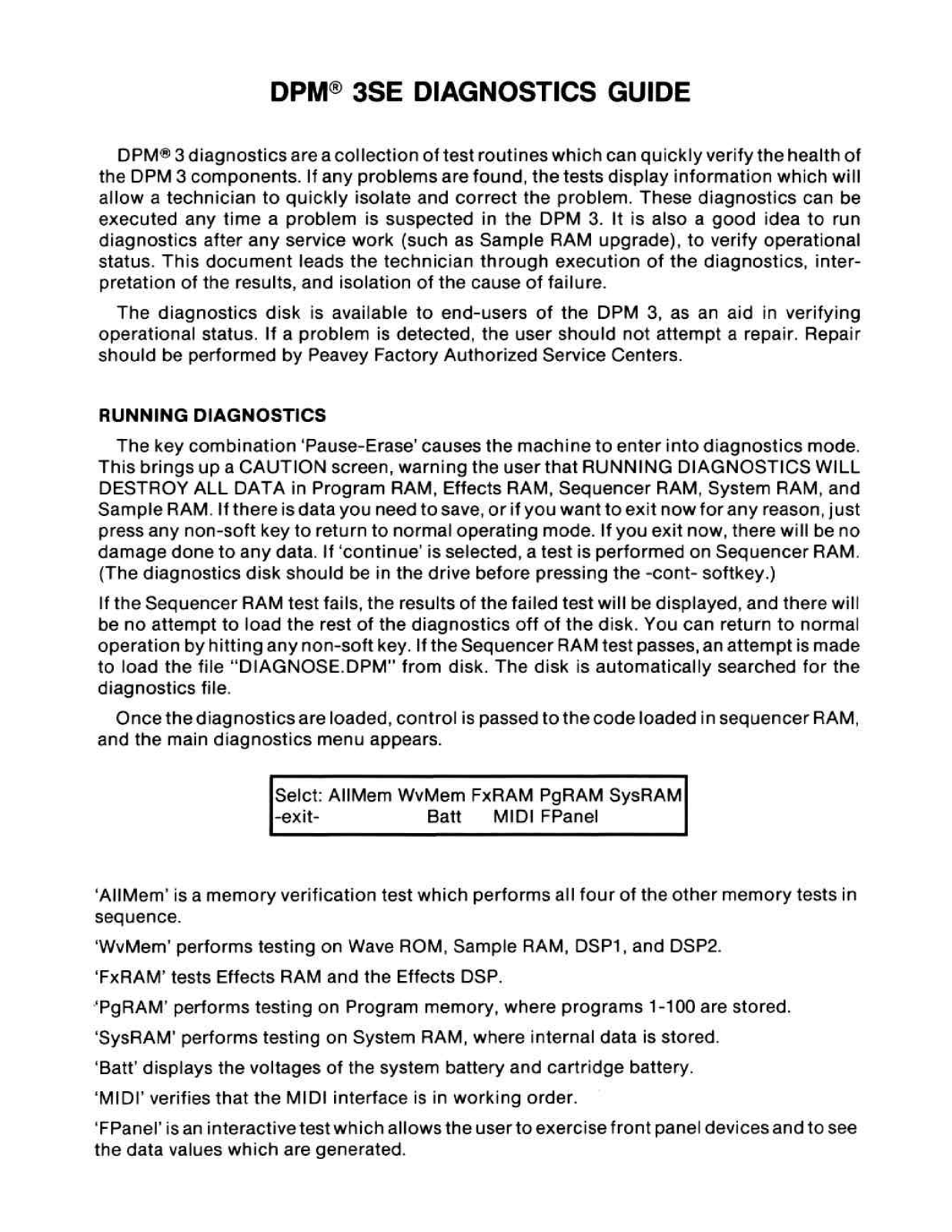 Peavey DPM 3SE DIAGNOSTICS GUIDE